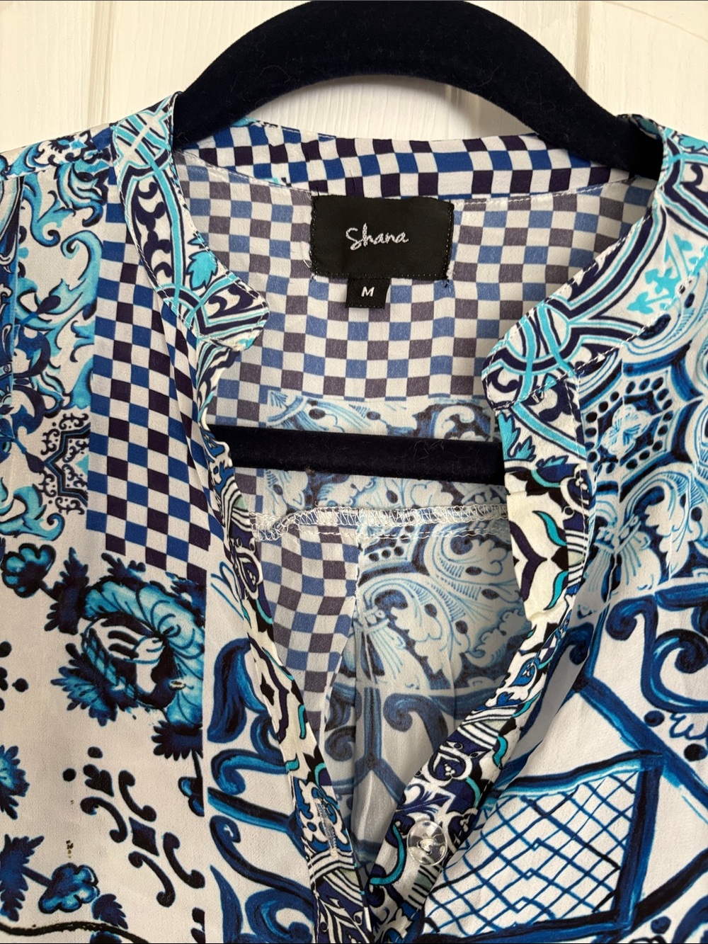Shana Blue & White Patchwork Button-Front Blouse - Picture 2 of 4